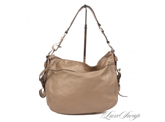 #12 NEAR MINT RECENT AND AUTHENTIC COACH BRONZE MUTED METALLIC LEATHER ZIP TOP SIDE BUCKLE HOBO BAG
