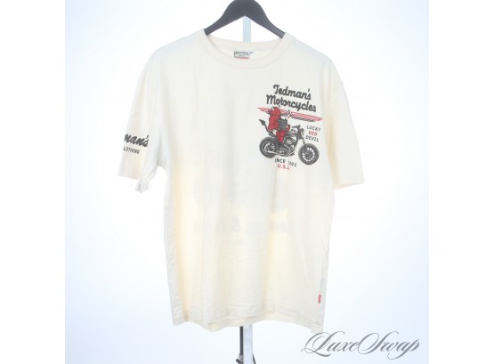 NEAR MINT TEDMAN TEA COMPANY IVORY TEE SHIRT WITH GREAT VINTAGE RED DEVIL AND MOTORCYLE GRAPHICS 46