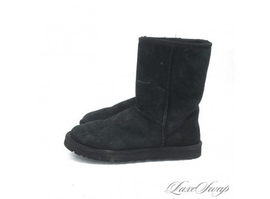 THE MOST ICONIC! WOMENS UGG AUSTRALIA BLACK SHEARLING SUEDE MID BOOTS - GREAT SHAPE! 10