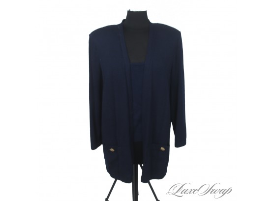 ST. JOHN NAVY BLUE SIGNATURE KNIT 2 PIECE LOT OF TANK TOP AND CARDIGAN WITH GOLD BUTTONS L AND M
