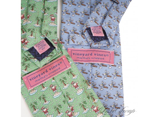 LOT OF 2 NEAR MINT VINEYARD VINES MADE IN USA MENS SILK TIES IN BLUE AND GREEN WHIMSICAL PREPPY PRINTS