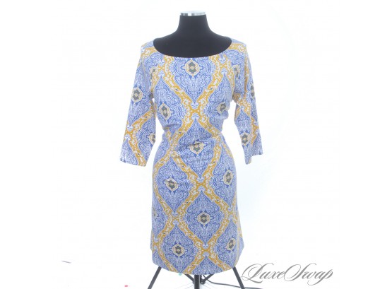 BRAND NEW WITH TAGS J. MCLAUGHLIN $195 GOLD AND BLUE MEDALLION MOSAIC PRINT BOATNECK STRETCH DRESS XL