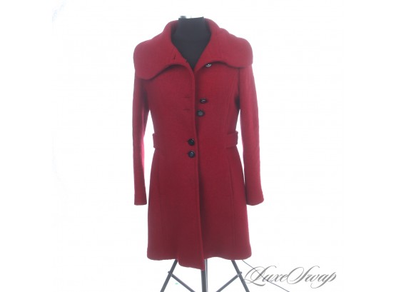 A REAL HEAD TURNER! MODERN SOIA & KYO RUBY RED BOUCLE TWEED SAILOR COLLAR COAT WITH BELT BACK CANADA MADE L