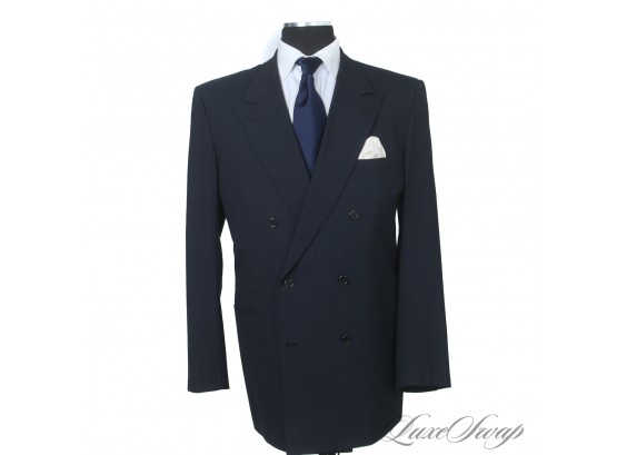 SUPER EXPENSIVE MENS BRIONI MADE IN ITALY 'TIBERIO' SUPER 150S WOOL NAVY STRIPE DOUBLE BREASTED JACKET 56 L