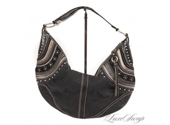 #8 NEAR MINT RECENT AND AUTHENTIC COACH BLACK JACQUARD CC MONOGRAM CANVAS AND MULTI EMBROIDERY LARGE HOBO BAG