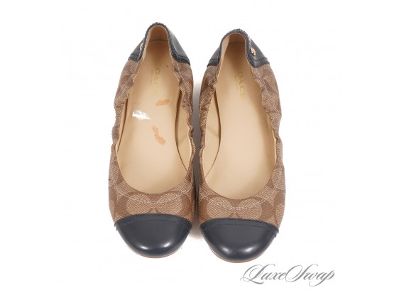 PERFECT DAILY DRIVERS! GREAT CONDITION COACH CC MONOGRAM AND BLACK LEATHER CAPTOE BALLET FLAT SHOES 5