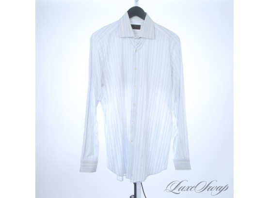 MENS ETRO MILANO MADE IN ITALY WHITE BUTTON DOWN DRESS SHIRT WITH BLUE ALTERNATING STRIPES 41 / 16