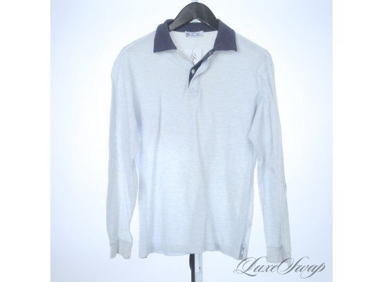 MENS LORO PIANA MADE IN ITALY PALE GREY MARLED PIQUE NAVY BLUE CONTRAST COLLAR LONGSLEEVE POLO SHIRT L