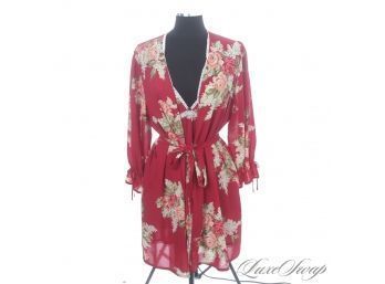 BRAND NEW WITH TAGS OSCAR DE LA RENTA 2 PIECE RED SATIN ALLOVER FLORAL NIGHTGOWN AND ROBE SET L