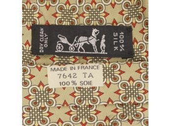 NEAR MINT AUTHENTIC HERMES MADE IN FRANCE MENS SILK TIE IN SAGE GREEN WITH MEDALLION MOSAIC 7642 TA