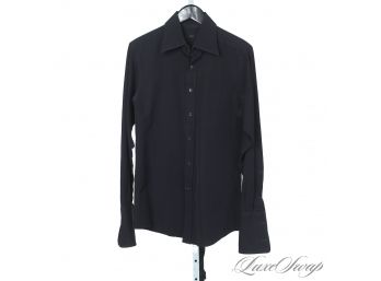 MENS GUCCI TOM FORD ERA BLACK RIBBED FAILLE LARGE SPREAD COLLAR FRENCH CUFF BUTTON DOWN DRESS SHIRT 15.5