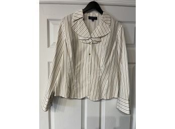 OMG CHIC!!! WOMENS JONES NEW YORK SIZE L RUFFLE TOP WITH GOLD BUTTONS AND GOLD STRIPES