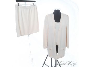 SUMMER READY! ST. JOHN IVORY CREME KNIT 3 PIECE CARDIGAN JACKET, TANK TOP AND SKIRT SET W/ GOLD BUTTONS L/12