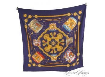 THE STAR OF THE SHOW! NEAR MINT AND AUTHENTIC HERMES MADE IN FRANCE 35' NAVY SILK SCARF 'LES TAMBOURS'