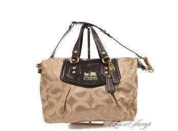 #3 NEAR MINT RECENT AND AUTHENTIC COACH CHAMPAGNE JACQUARD HUGE CC MONOGRAM AND PATENT LEATHER SATCHEL BAG