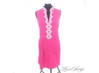 BRAND NEW WITH TAGS $138 VINCE CAMUTO HOT BLAZING PINK DEBOSSED BASKETWEAVE WHITE LACE TRIM DRESS 8