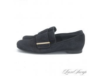 NEAR MINT SEE BY CHLOE MIDNIGHT INK BLUE SUEDE GROSGRAIN TRIMMED WIDE STRAP LOAFERS 39 / 9