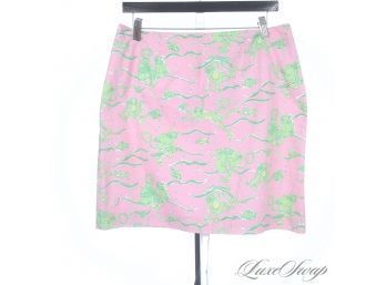 TRUE PREP! NEAR MINT LILLY PULITZER CANDY PINK SKIRT WITH GREEN WHIMSICAL UNDERWATER SEA MONKEYS! 12