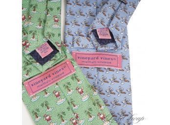LOT OF 2 NEAR MINT VINEYARD VINES MADE IN USA MENS SILK TIES IN BLUE AND GREEN WHIMSICAL PREPPY PRINTS