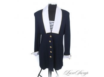 4TH OF JULY PERFECT ST. JOHN NAVY BLUE KNIT WHITE SATIN COLLAR CRYSTAL BTN JACKET W/SEQUIN DICKEY 12