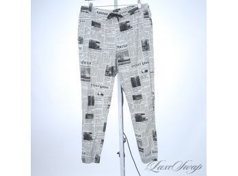 I FRICKIN LOVE THESE! RECENT MENS ELWOOD BLACK AND WHITE ALLOVER NEWSPAPER PRINT JOGGER PANTS L
