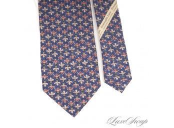 $150 ERMENEGILDO ZEGNA MADE IN ITALY MENS SILK TIE IN NAVY JACQUARD WITH RED AND CHAMPAGNE FLORETS