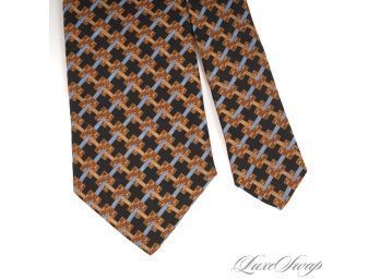 EXPENSIVE BRIONI MADE IN ITALY MENS SILK TIE IN BLACK GROUND WITH BROWN AND BLUE LINKED GEOMETRIC CUBES