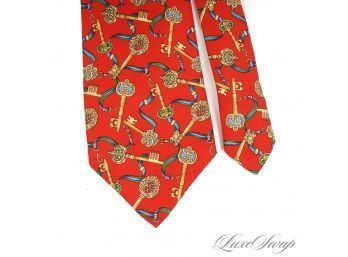 NEAR MINT AND FREAKING EXQUISITE BURBERRY MADE IN UNITED KINGDOM BRIGHT RED SILK TIE WITH ROYAL GOLD KEYS