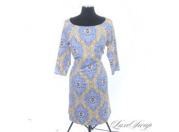 BRAND NEW WITH TAGS J. MCLAUGHLIN $195 GOLD AND BLUE MEDALLION MOSAIC PRINT BOATNECK STRETCH DRESS XL