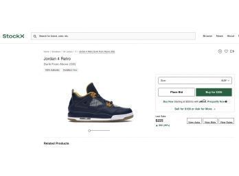 NIKE AIR JORDAN RETRO 4 BG 'DUNK FROM ABOVE' 408452-425 NAVY BLUE AND GOLD SNEAKERS 6.5 Y