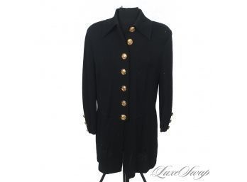 SIGNATURE ST. JOHN BLACK KNIT LONG CARDIGAN JACKET WITTH GIANT GOLD SHIELD CREST BUTTONS 14