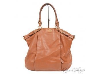 #1 NEAR MINT RECENT AND AUTHENTIC COACH SADDLE VICUNA TAN DRUMMED LEATHER ZIP TOP SATCHEL BAG W/STRAP