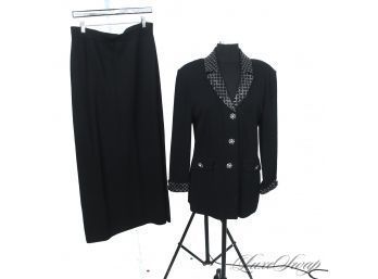 PHENOMENAL ST. JOHN BLACK KNIT 2 PIECE JACKET AND SKIRT SUIT WITH CRYSTAL BUTTONS AND GLITTER LATTICE 12