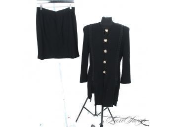 STUNNING ST. JOHN COLLECTION BLACK BOUCLE KNIT 2 PIECE SKIRT SUIT WITH LARGE PEARL BUTTONS & FRINGE RIBBON 12