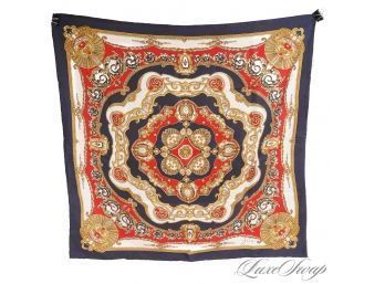 NEAR MINT AND GORGEOUS MADE IN ITALY NEOCLASSIC BAROQUE HAND ROLLED SILK SCARF IN RED WHITE BLUE AND GOLD