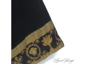 LARGE 64' VERSACE HOME COLLECTION BLACK TERRYCLOTH BEACH OR BATH TOWEL WITH GOLD MEDUSA TRIM