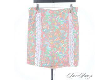 #1 NEAR MINT LILLY PULITZER NEON PINK MULTI DOODLE PRINT SKIRT WITH WHITE LACE TRIM - SO PREPPY! 14