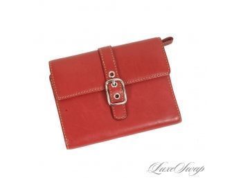 VERY NICE COACH BLOOD RED SOFT LEATHER DAILY WALLET WITH SILVER BELT LOCK HARDWARE