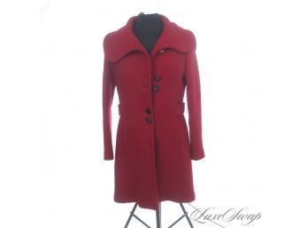 A REAL HEAD TURNER! MODERN SOIA & KYO RUBY RED BOUCLE TWEED SAILOR COLLAR COAT WITH BELT BACK CANADA MADE L