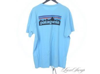 ALL THE COOL KIDS WANT ONE! MENS PATAGONIA TOPAZ BLUE REGULAR FIT LARGE LOGO BACK TEE SHIRT XL