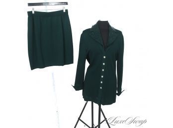 WHAT A COLOR! ST. JOHN DEEP EMERALD GREEN 2 PIECE KNIT SKIRT  JACKET WITH CRYSTAL BTNS & SHIMMER 12 / 8