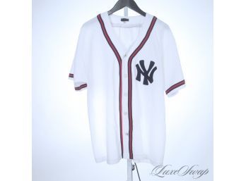VINTAGE 1990S MENS WHITE WAFFLED BASEBALL JERSEY WITH NY NEW YORK YANKEES PATCH XL