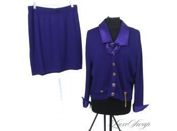 THIS COLOR OMG! 2 PIECE ST. JOHN AMETHYST PURPLE JACKET AND SKIRT SET IN CLASSIC KNIT W/PURPLE QUILTED CLR 12