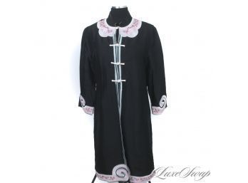 STUNNING AND NEAR MINT CJ LAING 100 PERCENT SILK BLACK CHINOSERIE PINK AND BLUE EMBROIDERED ROBE 14