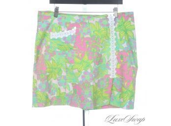 #2 NEAR MINT LILLY PULITZER PINK AND GREEN MULTI FAUNA FLORAL TROPICAL SKIRT WITH WHITE LACE DETAIL 14