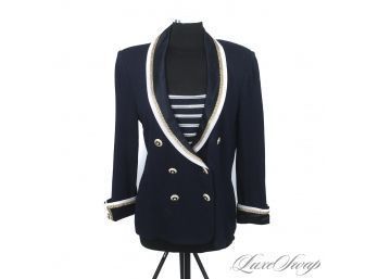 INCREDIBLE ST. JOHN EVENING MARIE GRAY NAVY KNIT DOUBLE BREAST WHITE SHAWL COLLAR GOLD TRIM NAUTICAL JACKET 12