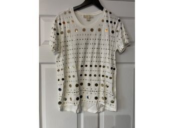 SHAPE CHIC!! WOMENS MICHAEL MICHAEL KORS WHITE T-SHIRT WITH GOLD SHAPES