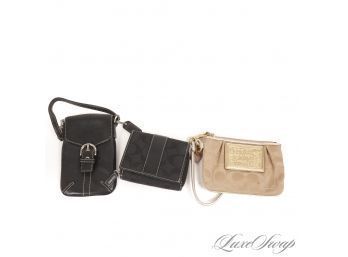 LOT OF 3 ADORABLE COACH WALLETS AND MINI BAGS INCLUDING BLACK MONOGRAM,  CHAMPAGNE MINI BAG, AND FULL LEATHER