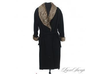 INCREDIBLE LEW MAGRAM COLLECTION HEAVYWEIGHT BLACK FLANNEL BELTED COAT WITH FAUX LEOPARD TRIM 16