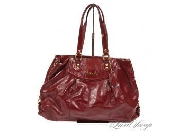 #9 FANTASTIC CONDITION RECENT AND AUTHENTIC COACH DEEP GARNET RED CRINKLED PATENT LEATHER SATCHEL LARGE BAG